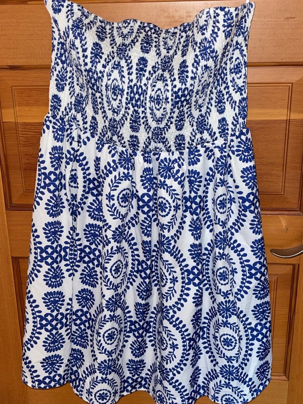 Commense Strapless White & Blue Printed Dress - LARGE - NWOT